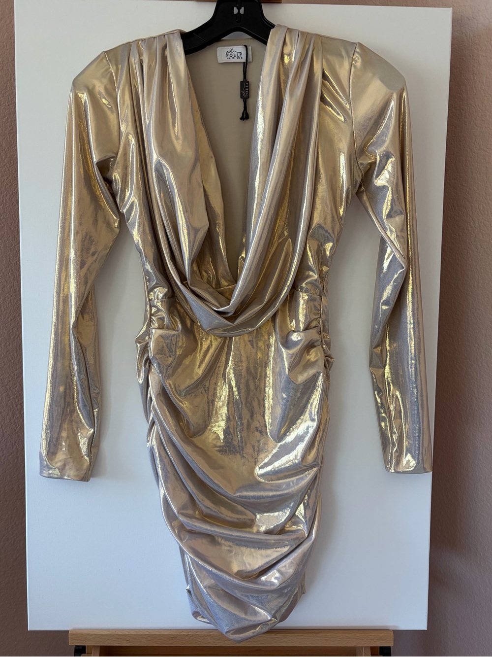 Oh Polly Golden Girl Metallic Wrap Long Sleeve Cowl Neck Mini Dress Gold 6